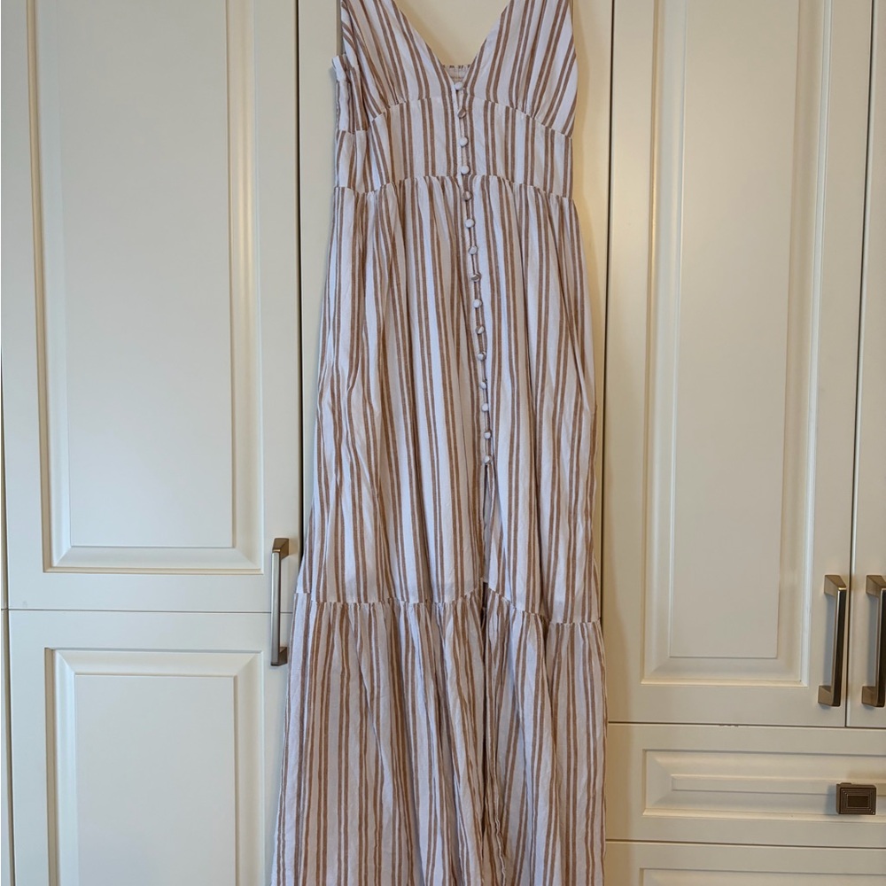 Abercrombie & Fitch White and Brown Striped Button-Front Maxi Dress